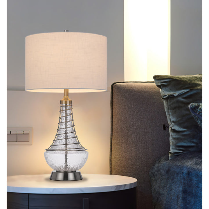 150W 3 Way Baraboo Glass Table Lamp With Wire Guard Design And Drum Fabric Shade