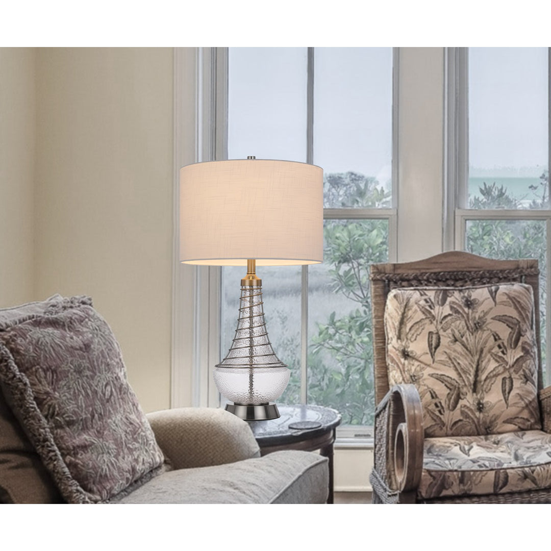 150W 3 Way Baraboo Glass Table Lamp With Wire Guard Design And Drum Fabric Shade