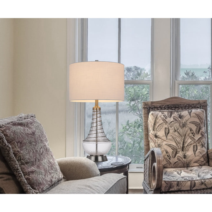 150W 3 Way Baraboo Glass Table Lamp With Wire Guard Design And Drum Fabric Shade
