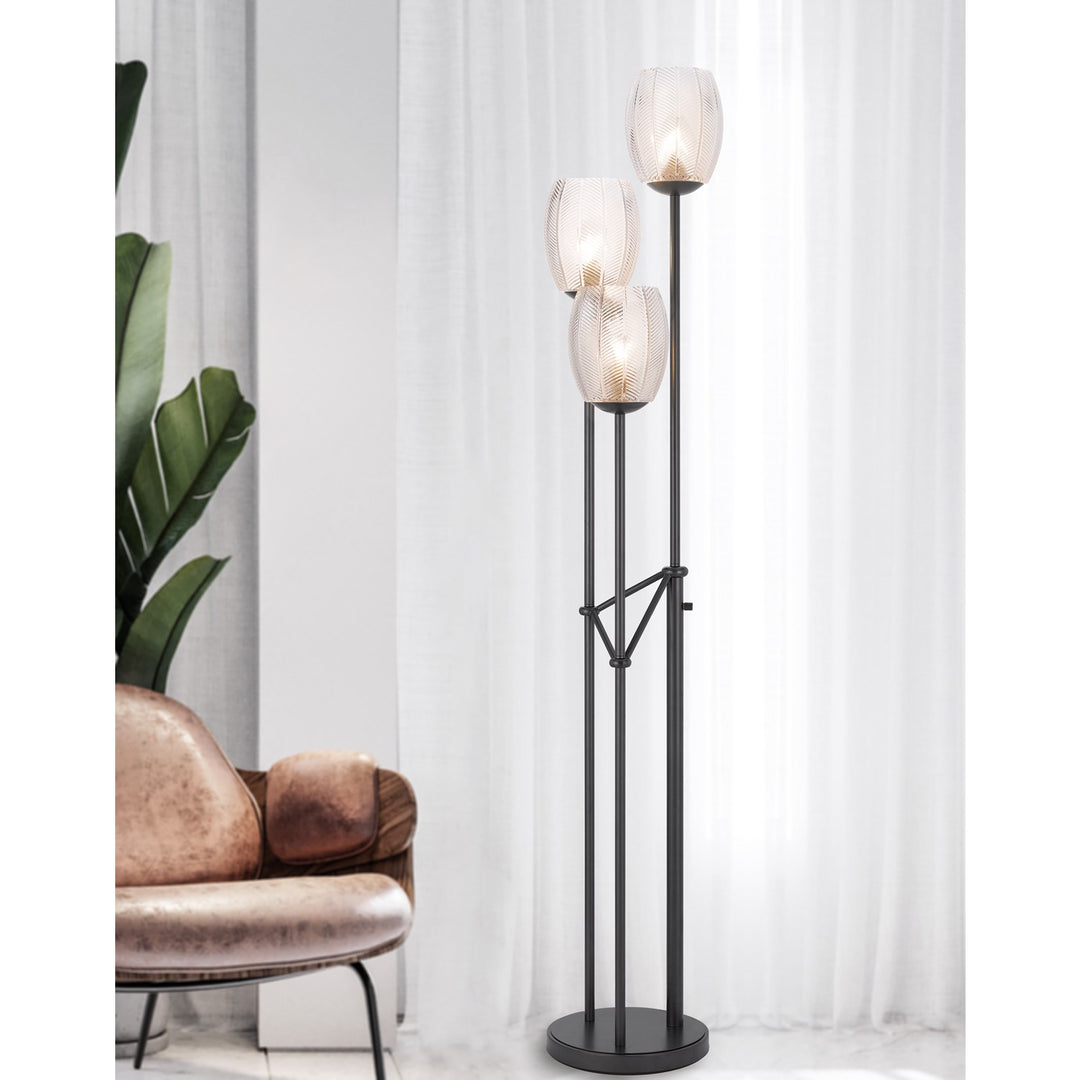 60W X 3 Oconto Metal Floor Lamp With Patterned Glass Shades.