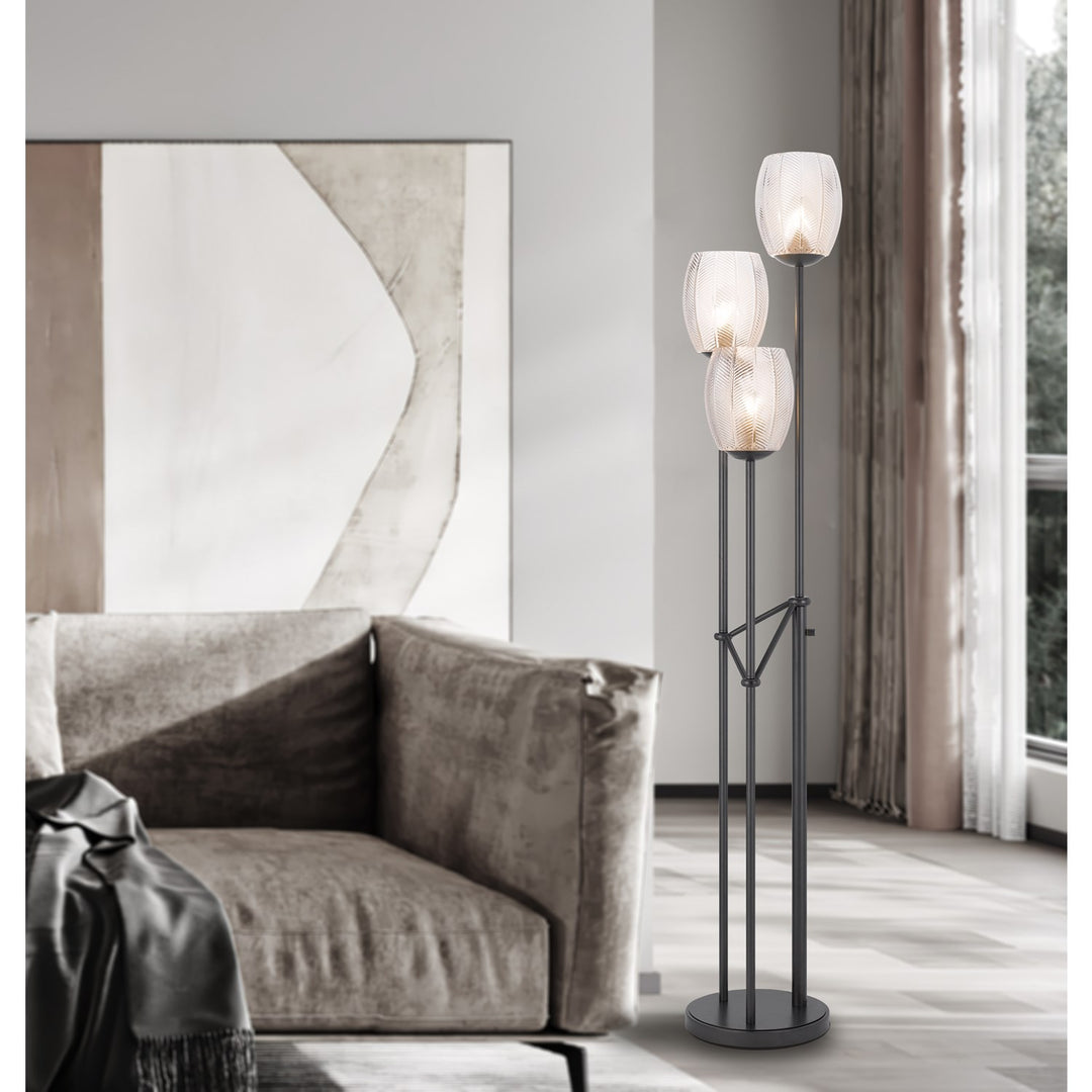 60W X 3 Oconto Metal Floor Lamp With Patterned Glass Shades.
