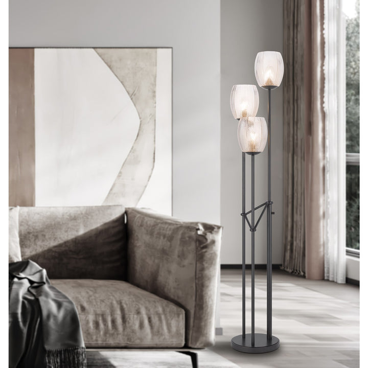 60W X 3 Oconto Metal Floor Lamp With Patterned Glass Shades.