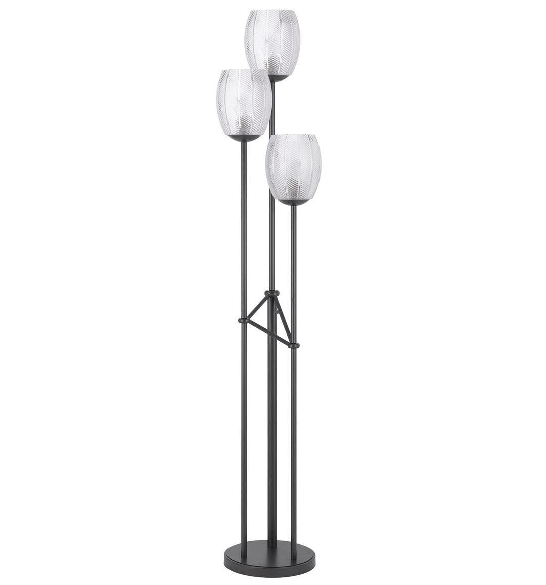60W X 3 Oconto Metal Floor Lamp With Patterned Glass Shades.