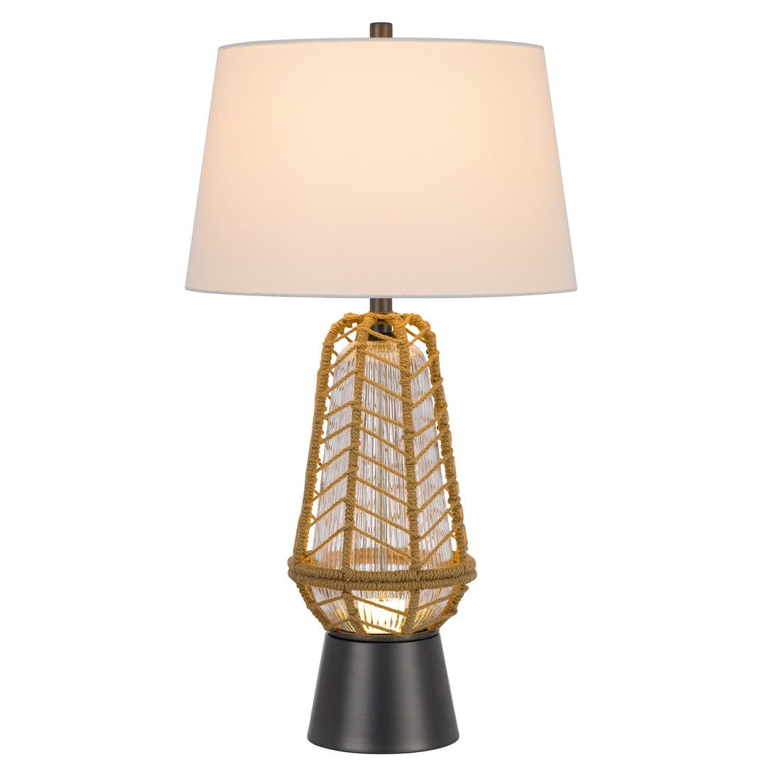 Hanko 100W 3 Way Table Lamp With 2W Led Night Light With Burlap Wrapped Glass