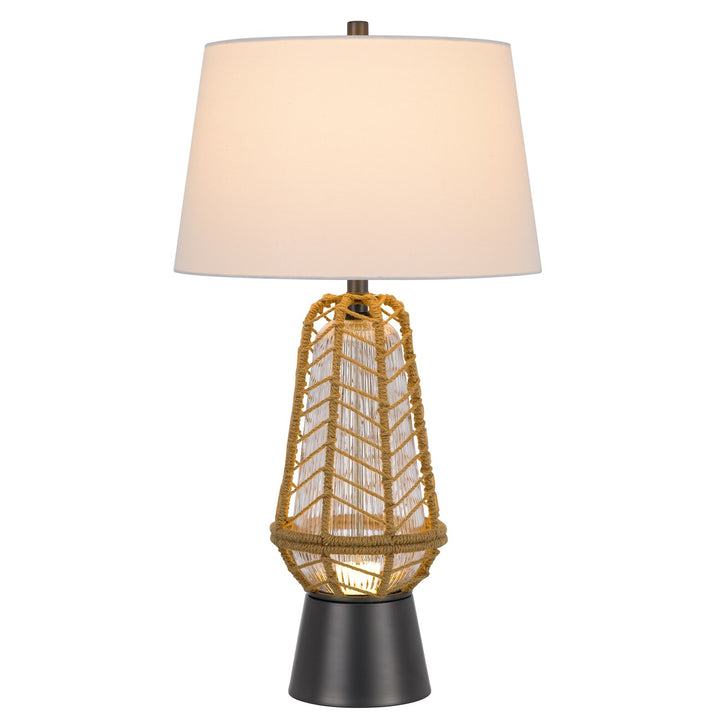 Hanko 100W 3 Way Table Lamp With 2W Led Night Light With Burlap Wrapped Glass