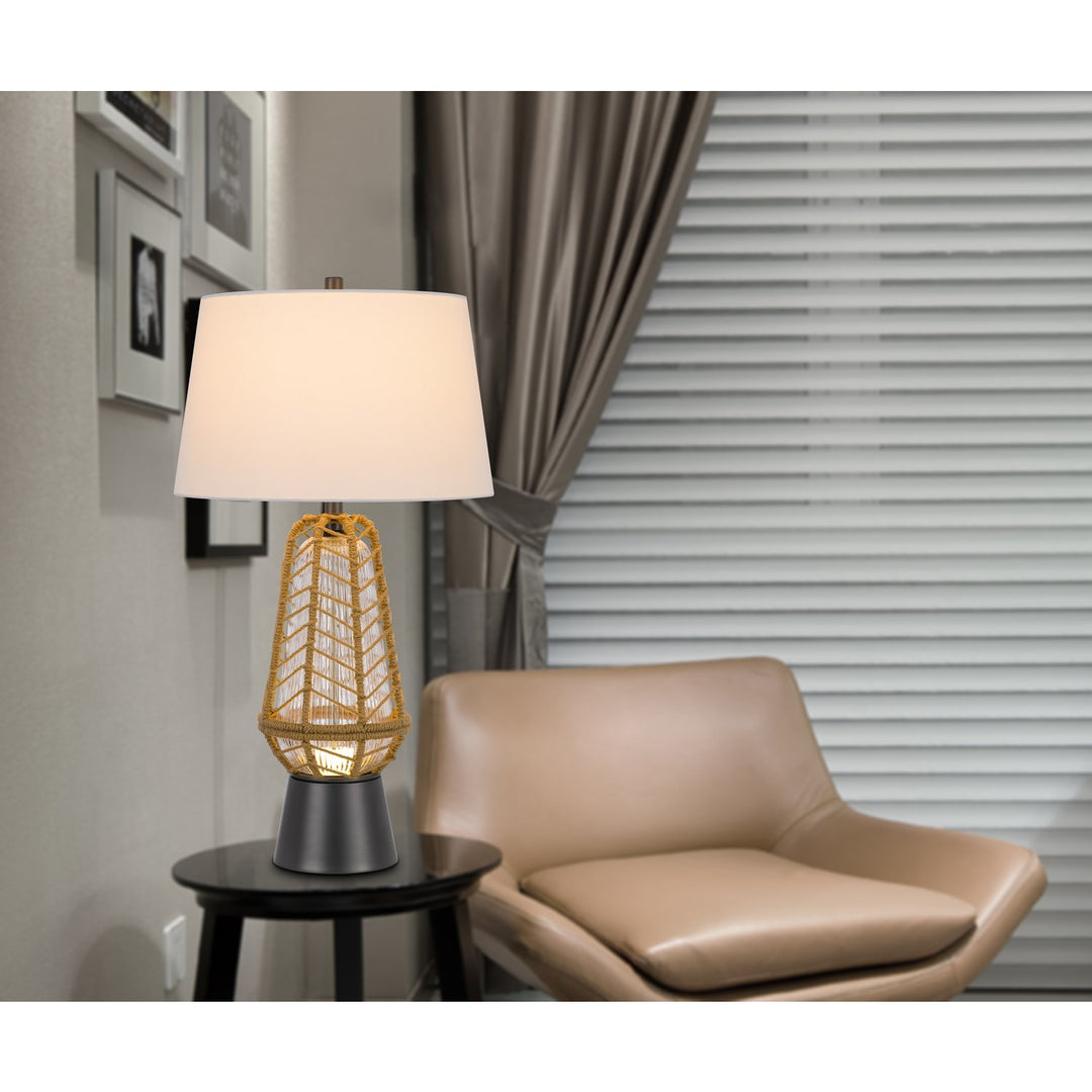 Hanko 100W 3 Way Table Lamp With 2W Led Night Light With Burlap Wrapped Glass