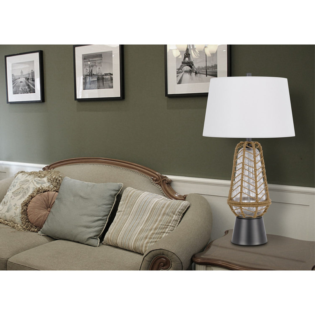 Hanko 100W 3 Way Table Lamp With 2W Led Night Light With Burlap Wrapped Glass