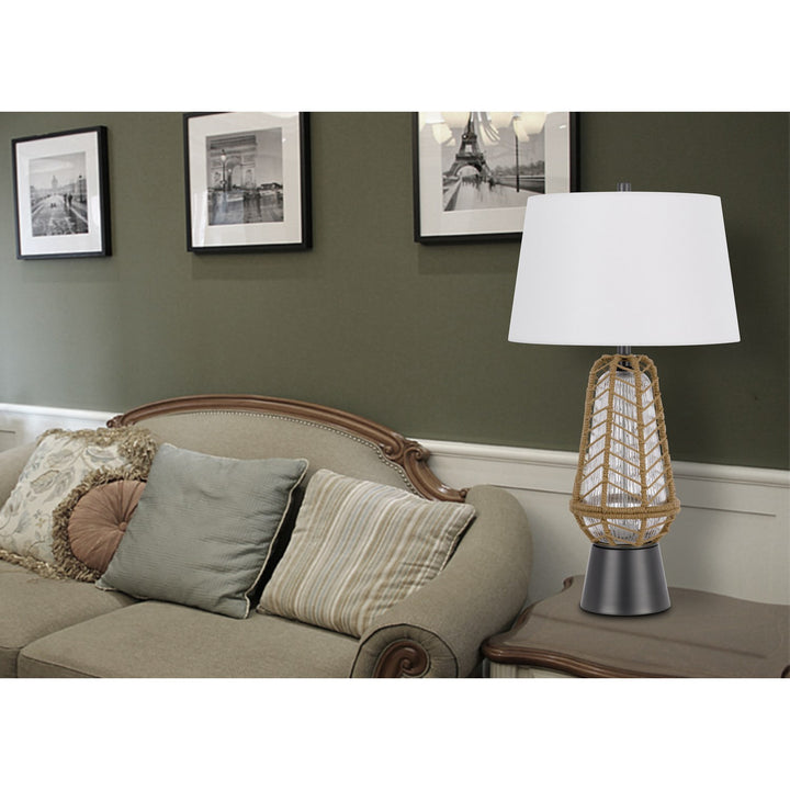 Hanko 100W 3 Way Table Lamp With 2W Led Night Light With Burlap Wrapped Glass