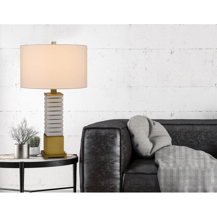 150W 3 Way Cranbourne Metal/Marble Table Lamp With Drum Hardback Fabric Shade