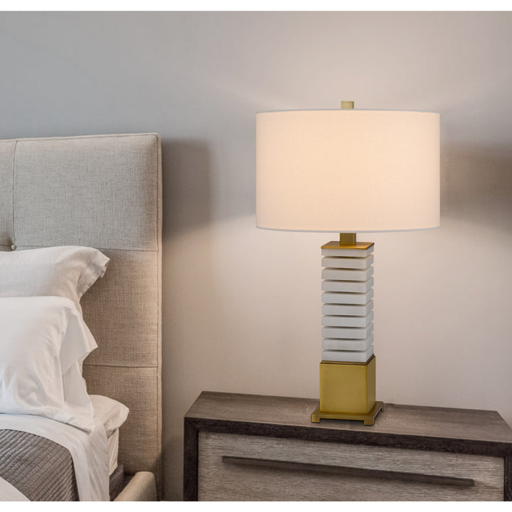 150W 3 Way Cranbourne Metal/Marble Table Lamp With Drum Hardback Fabric Shade