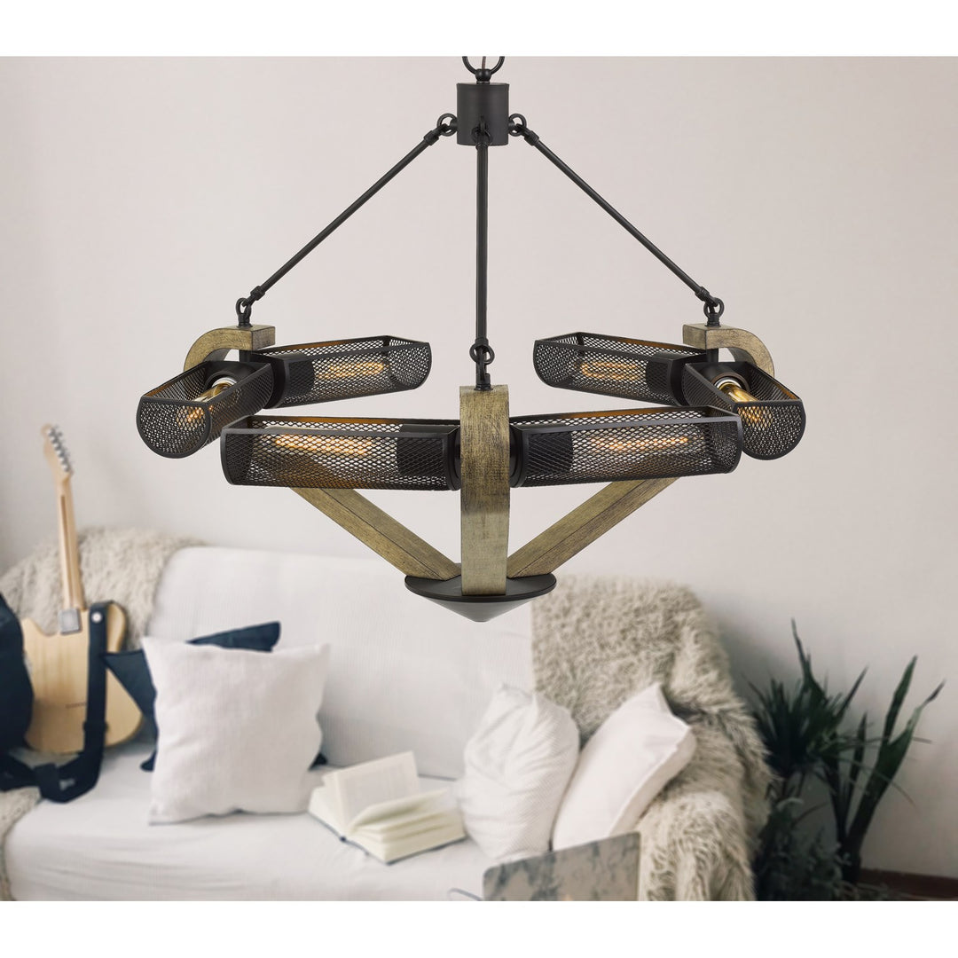 60W X 6 Baden Metal/Wood Chandelier With Mesh Shades