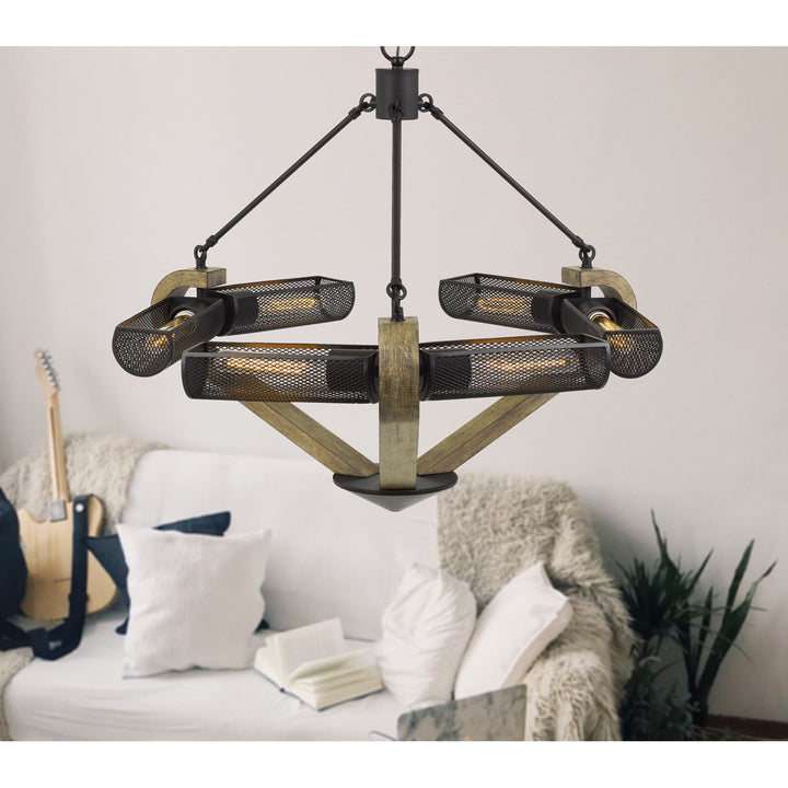 60W X 6 Baden Metal/Wood Chandelier With Mesh Shades