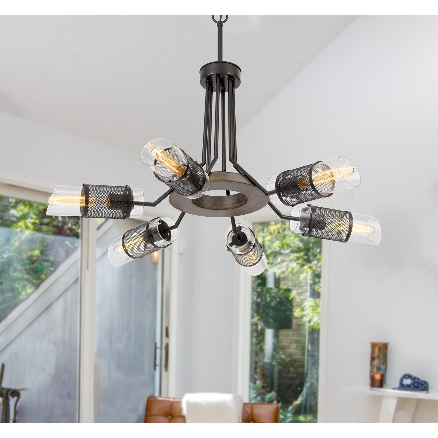 60W X 6 Savona Pine Wood/Metal Chandelier With Double Layer Glass/Metal Shade