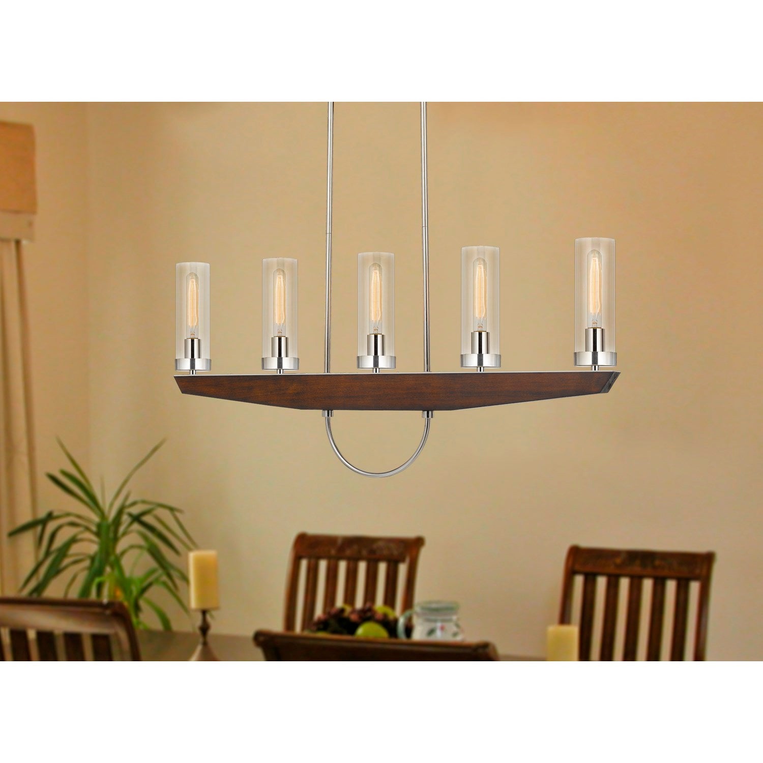 60W X 5 Ercolano Pine Wood/Metal Island Chandelier With Clear Glass Shade