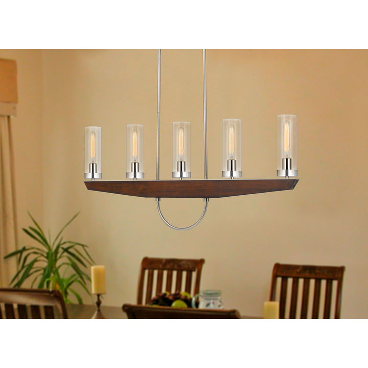 60W X 5 Ercolano Pine Wood/Metal Island Chandelier With Clear Glass Shade