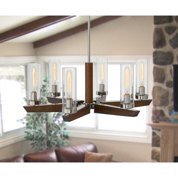 60W X 6 Ercolano Pine Wood/Metal Chandelier With Clear Glass Shade