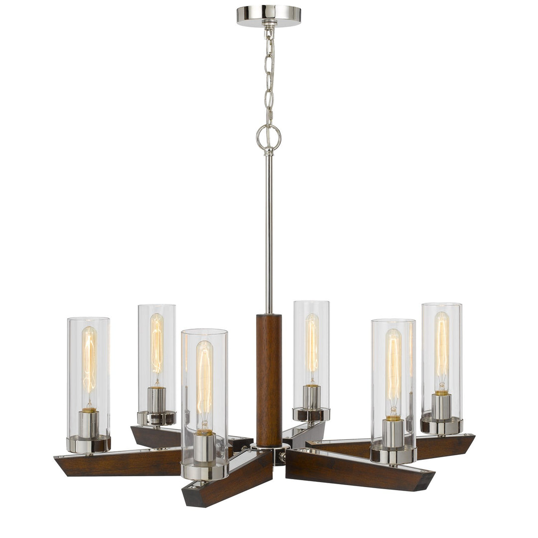 60W X 6 Ercolano Pine Wood/Metal Chandelier With Clear Glass Shade
