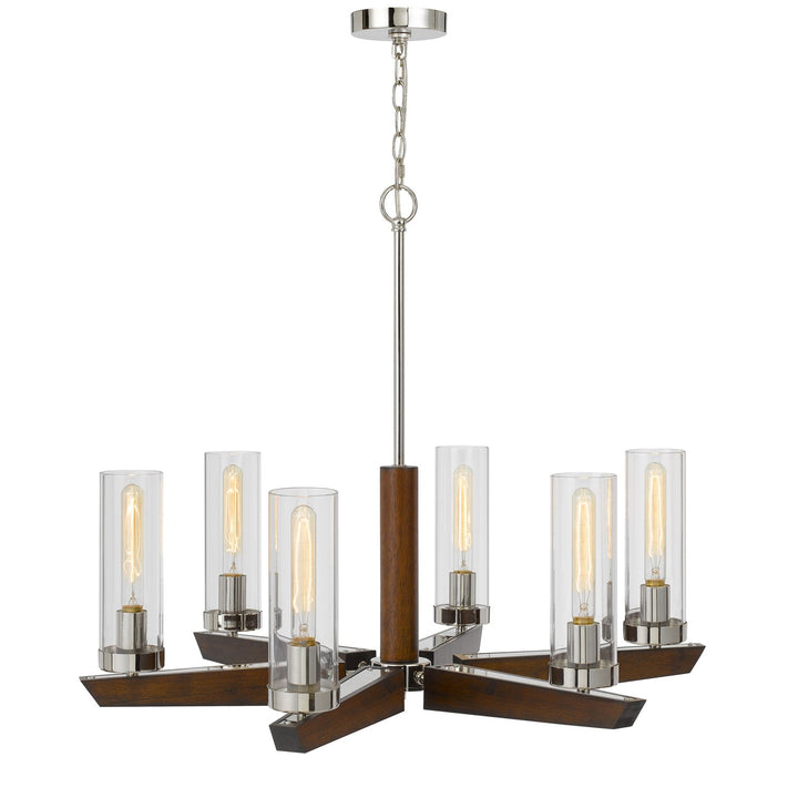60W X 6 Ercolano Pine Wood/Metal Chandelier With Clear Glass Shade