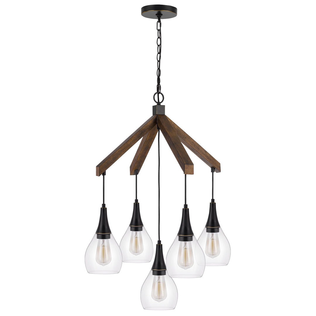 60W X 5 Watkins Rubber Wood Chandelier With Hanging Glass Shades by CAL Lighting