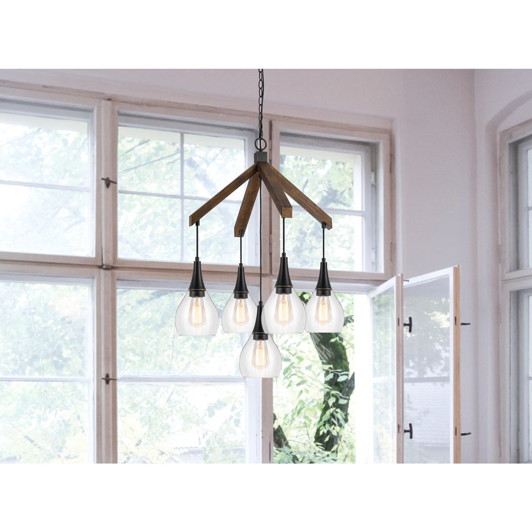 60W X 5 Watkins Rubber Wood Chandelier With Hanging Glass Shades