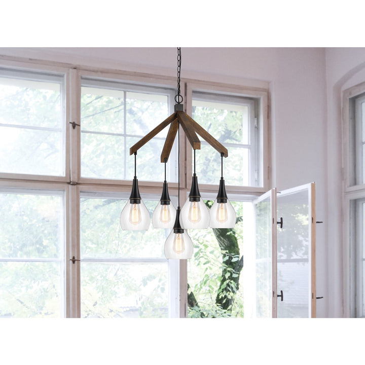 60W X 5 Watkins Rubber Wood Chandelier With Hanging Glass Shades