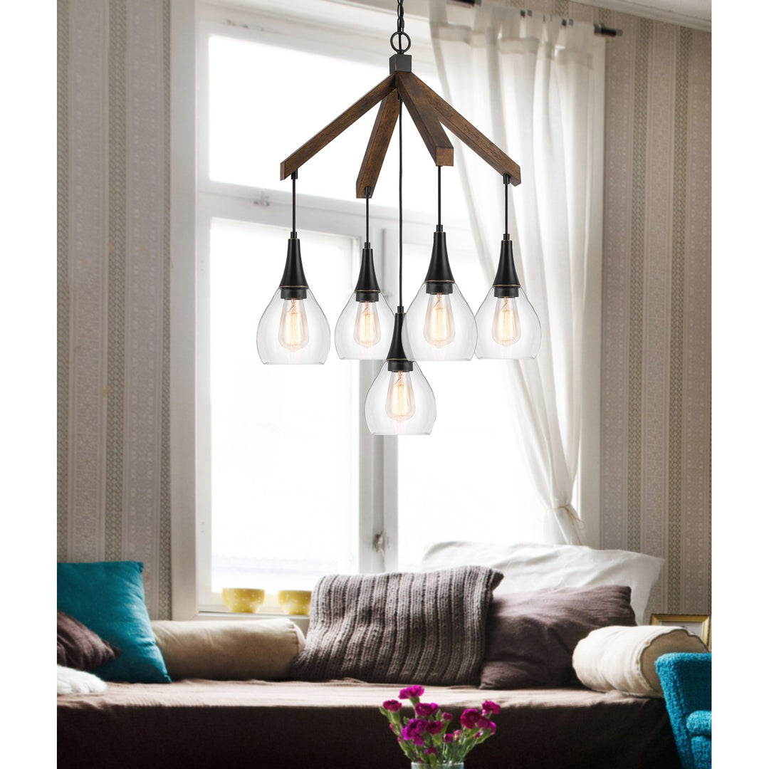 60W X 5 Watkins Rubber Wood Chandelier With Hanging Glass Shades