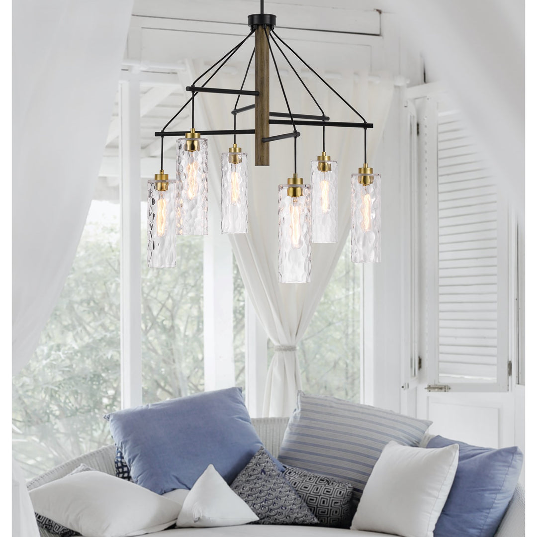 60W X 6 Williston Rubber Wood Chandelier With Hanging Textured Glass Shades