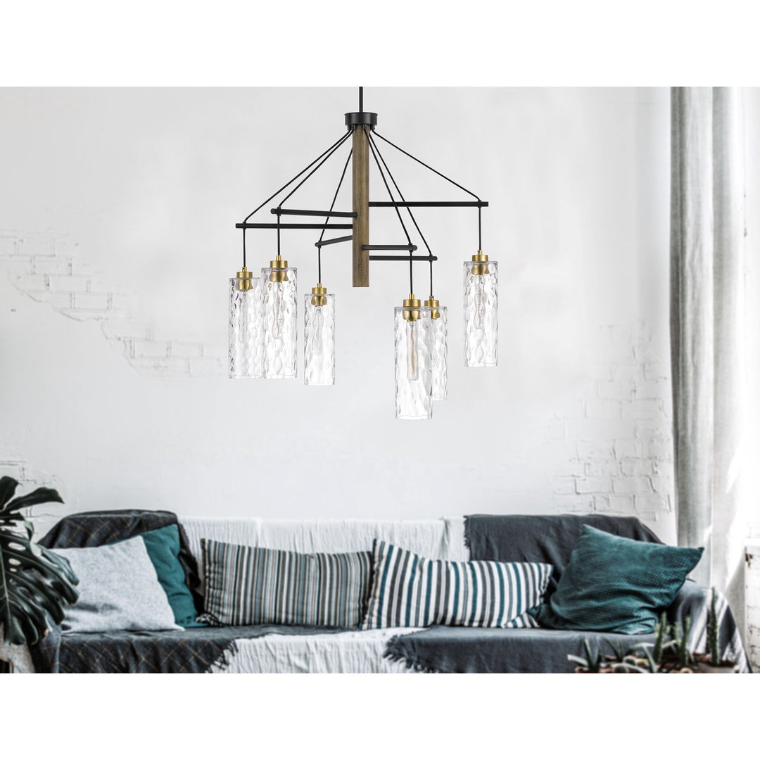 60W X 6 Williston Rubber Wood Chandelier With Hanging Textured Glass Shades