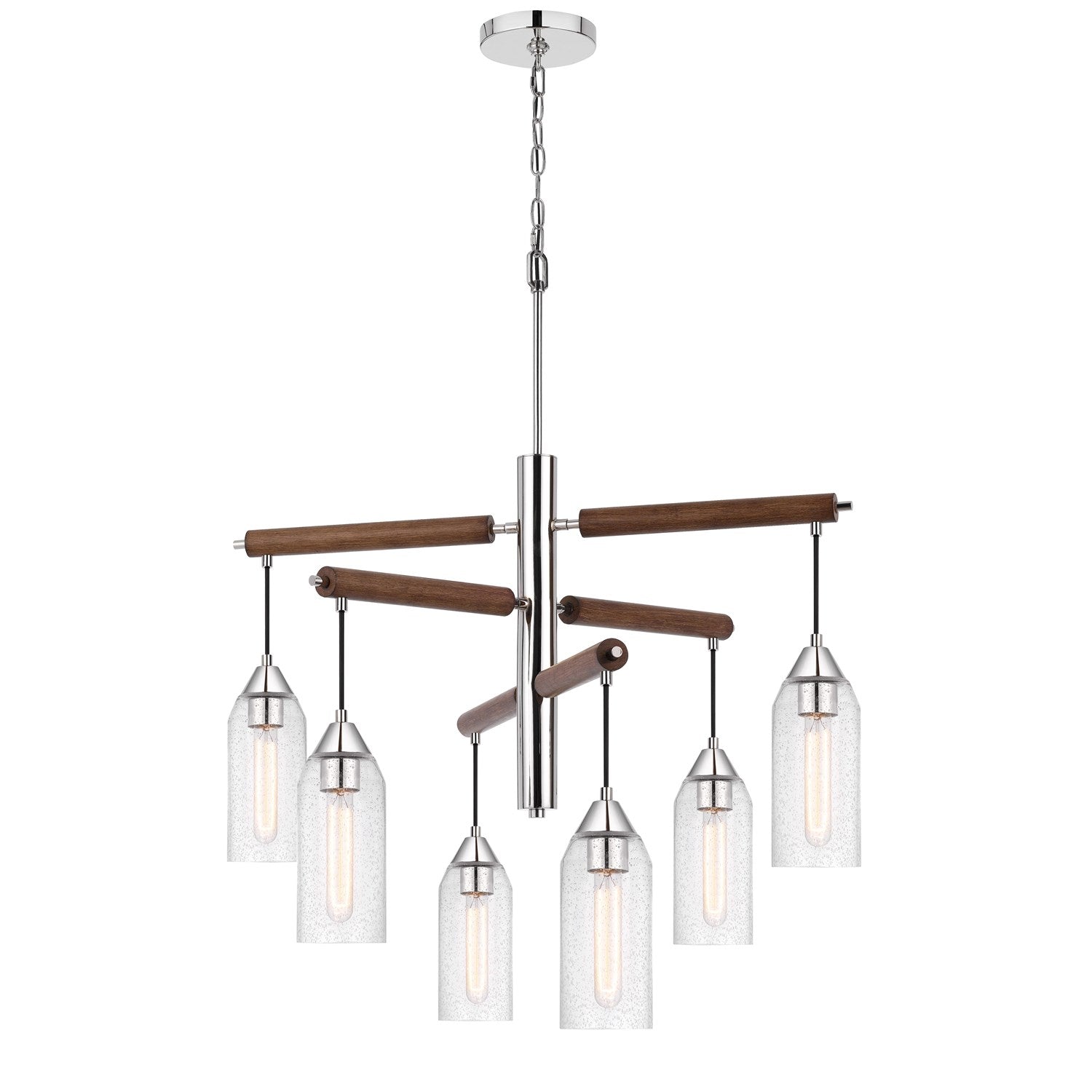 60W X 6 Massillon Rubber Wood Chandelier With Hanging Bulbbed Glass Shades