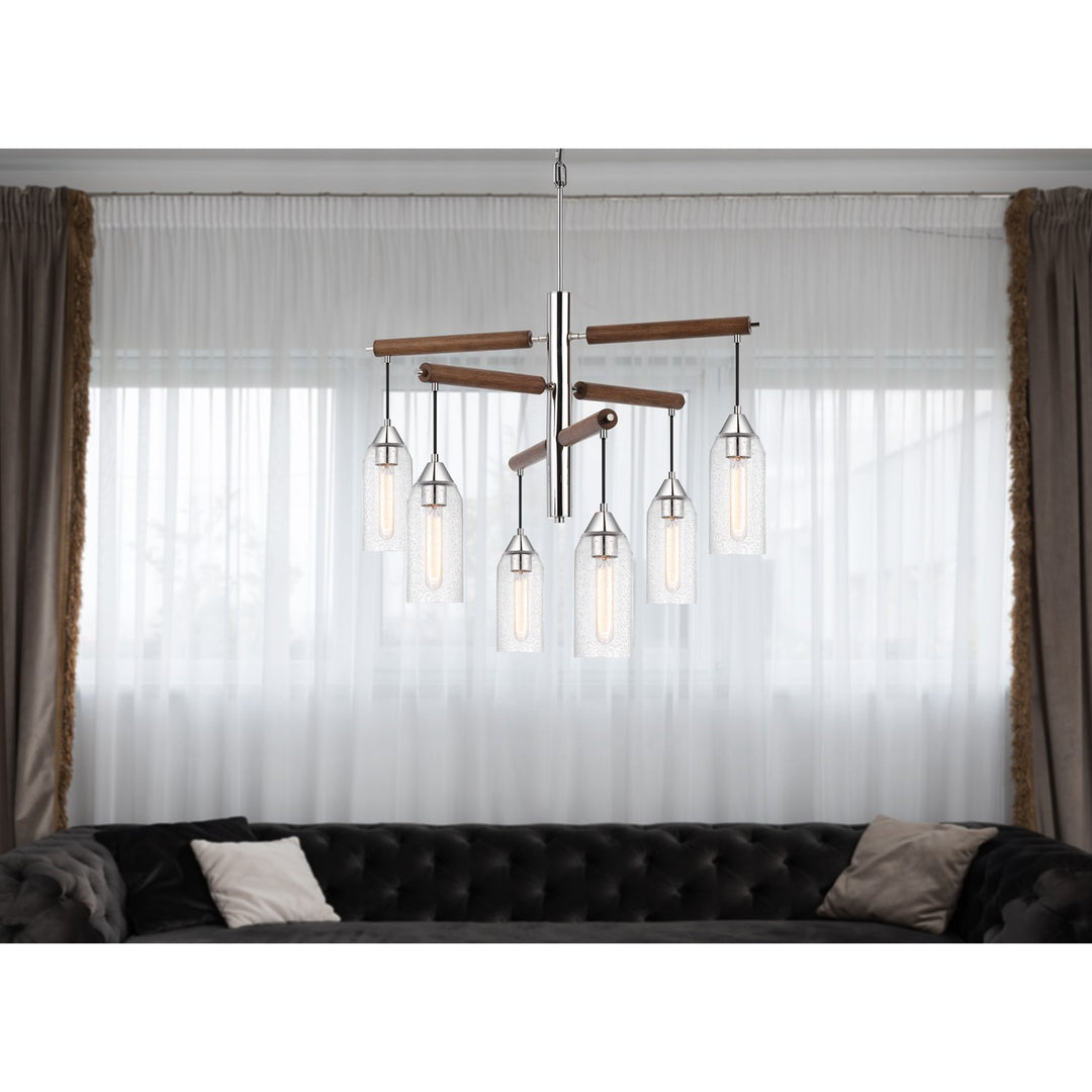 60W X 6 Massillon Rubber Wood Chandelier With Hanging Bulbbed Glass Shades