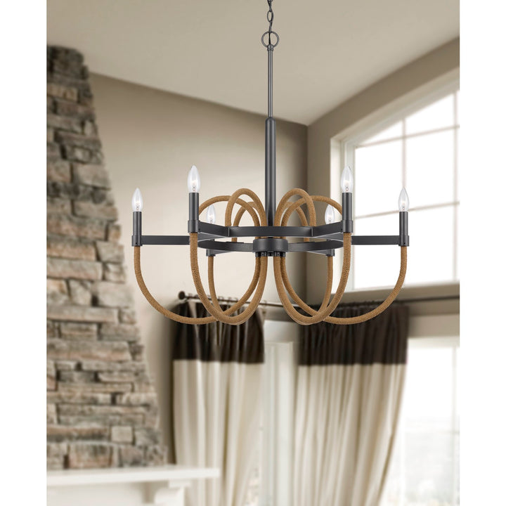 Rowland 60W X 6 Metal/Burlap Roped Chandelier