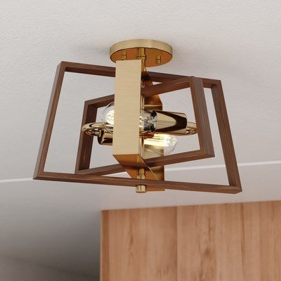 16-in. 2 Light Semi-Flush Mount Natural Brass and Burnished Chestnut
