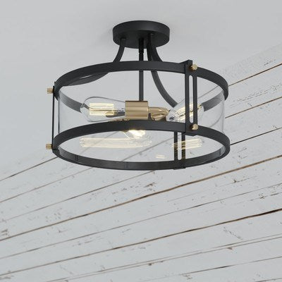 15.75-in. 3 Light Semi-Flush Matte Black and Satin Brass