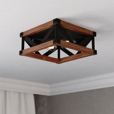 13-in. 2 Light Flush Mount Matte Black and Sycamore