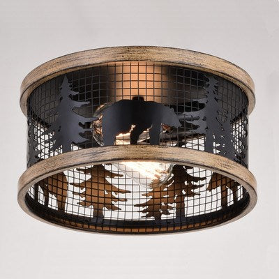 12-in. 2 Light Flush Mount Black and Burnished Teak