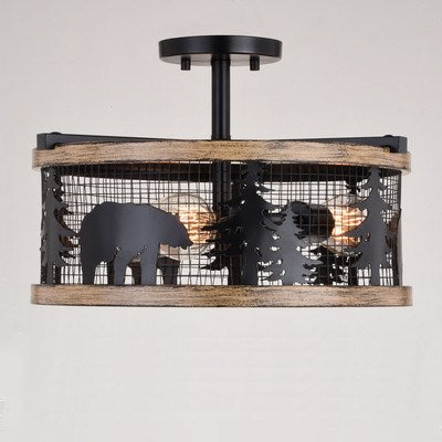 16-in. 3 Light Semi-Flush Black and Burnished Teak