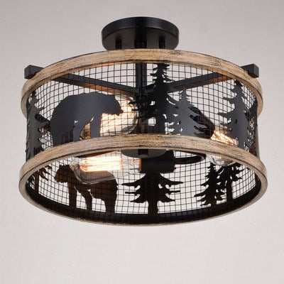 16-in. 3 Light Semi-Flush Black and Burnished Teak