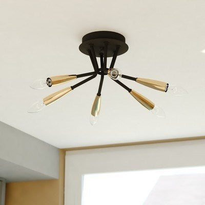 16.25-in. 6 Light Semi-Flush Mount Matte Black and Satin Brass