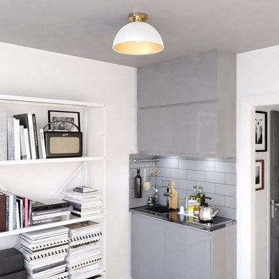 13-in. Semi Flush Glossy White and Satin Brass