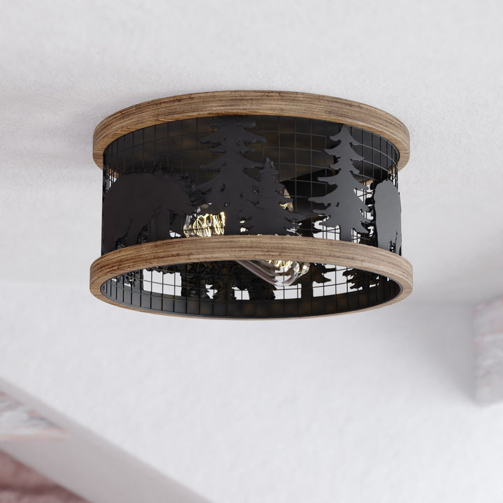 12-in. 2 Light Flush Black and Burnished Teak
