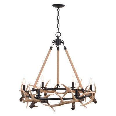 30.5-in. 6 Light Antler Chandelier Aged Iron with Natural Rope by Vaxcel International