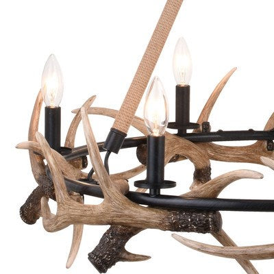 30.5-in. 6 Light Antler Chandelier Aged Iron with Natural Rope
