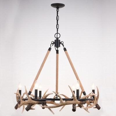 30.5-in. 6 Light Antler Chandelier Aged Iron with Natural Rope