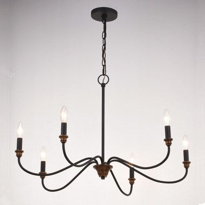 30-in. 6 Light Chandelier Matte Black and Brushed Walnut
