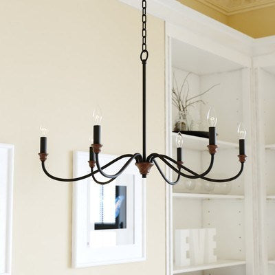 30-in. 6 Light Chandelier Matte Black and Brushed Walnut