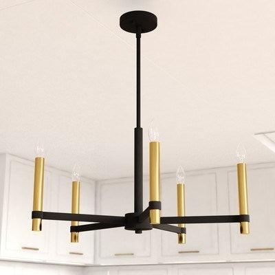 25-in. 5 Light Chandelier Matte Black and Natural Brass
