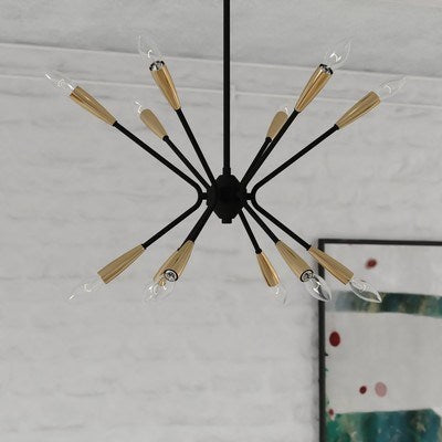 25.25-in. 12 Light Pendant Matte Black and Satin Brass