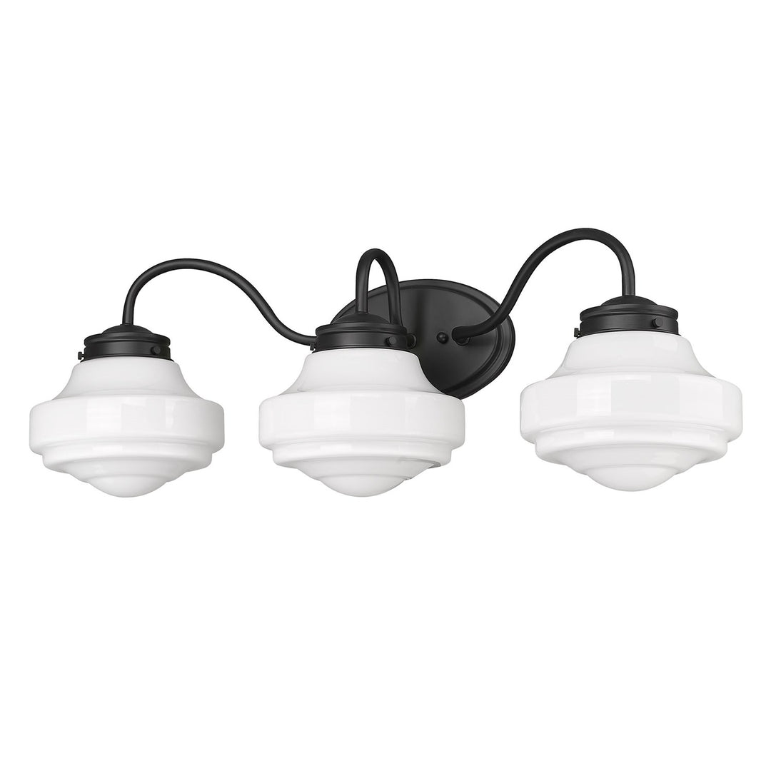 3 Light Bath Vanity In Matte Black With Vintage Milk Glass Shade by Golden