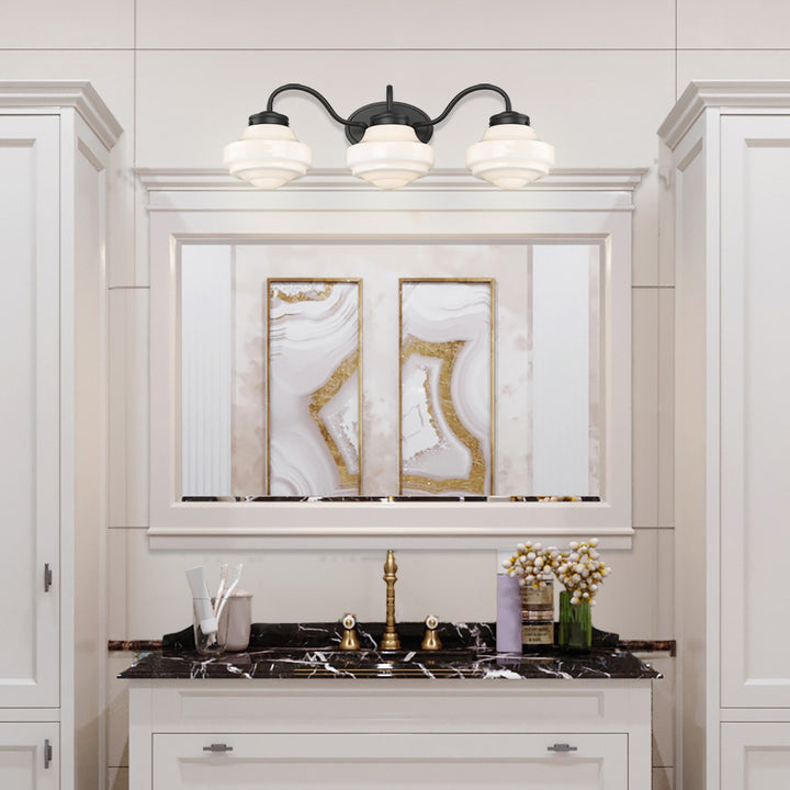 3 Light Bath Vanity In Matte Black With Vintage Milk Glass Shade