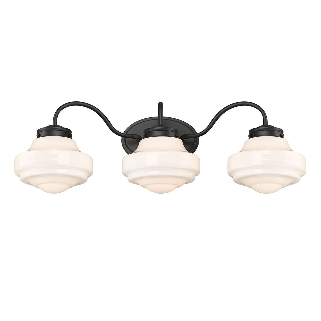 3 Light Bath Vanity In Matte Black With Vintage Milk Glass Shade